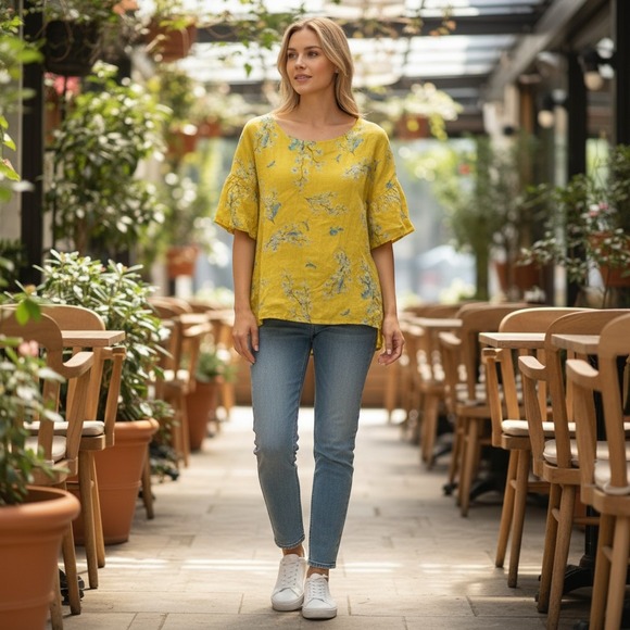 Bellambra Tops - Bellambra Italy Yellow Linen Bird Floral Print Flutter Sleeve Top Cottagecore S